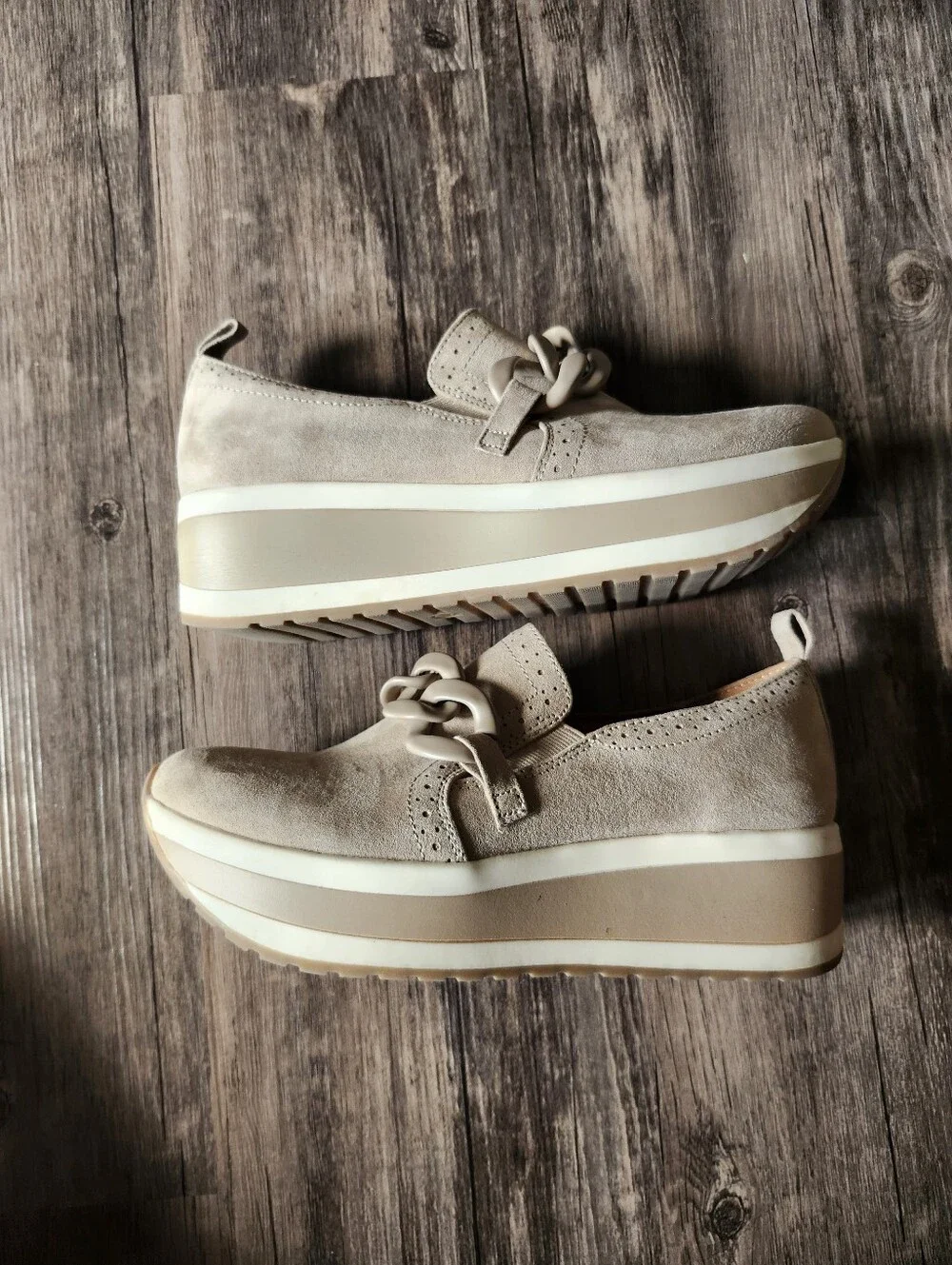 Mad Love Beige Platform Slip-On Shoes with Decorative Chain